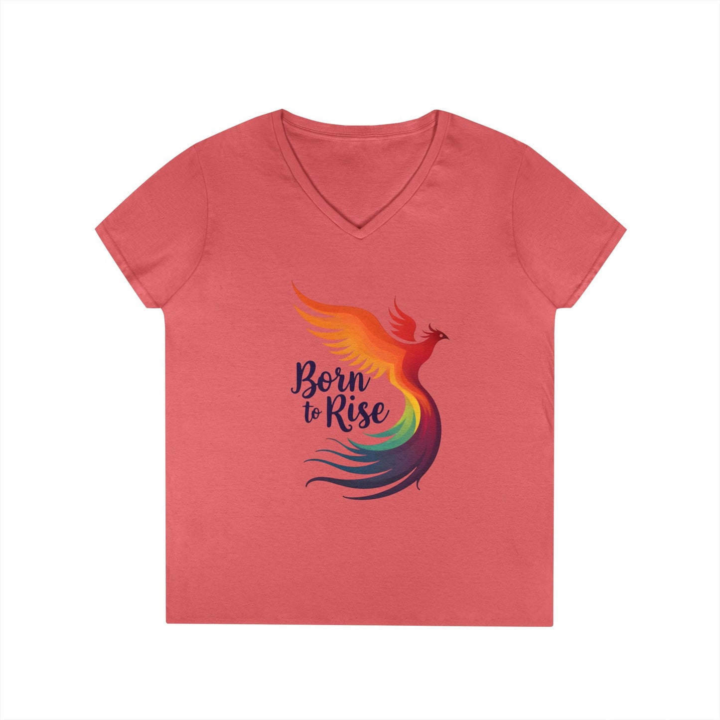 Born to Rise Women’s V-Neck Tee – Empowering Phoenix Colorful Shirt
