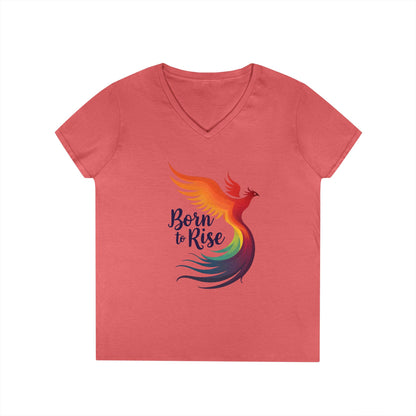 Born to Rise Women’s V-Neck Tee – Empowering Phoenix Colorful Shirt