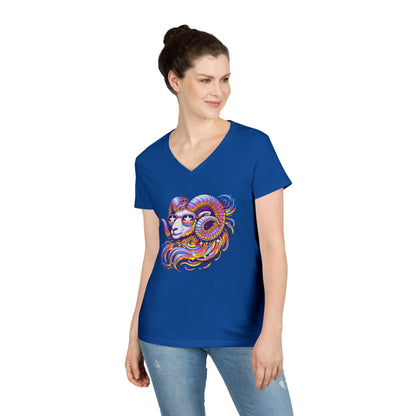 Psychedelic Ram Women’s V-Neck Tee – Empowering Aries Zodiac Shirt
