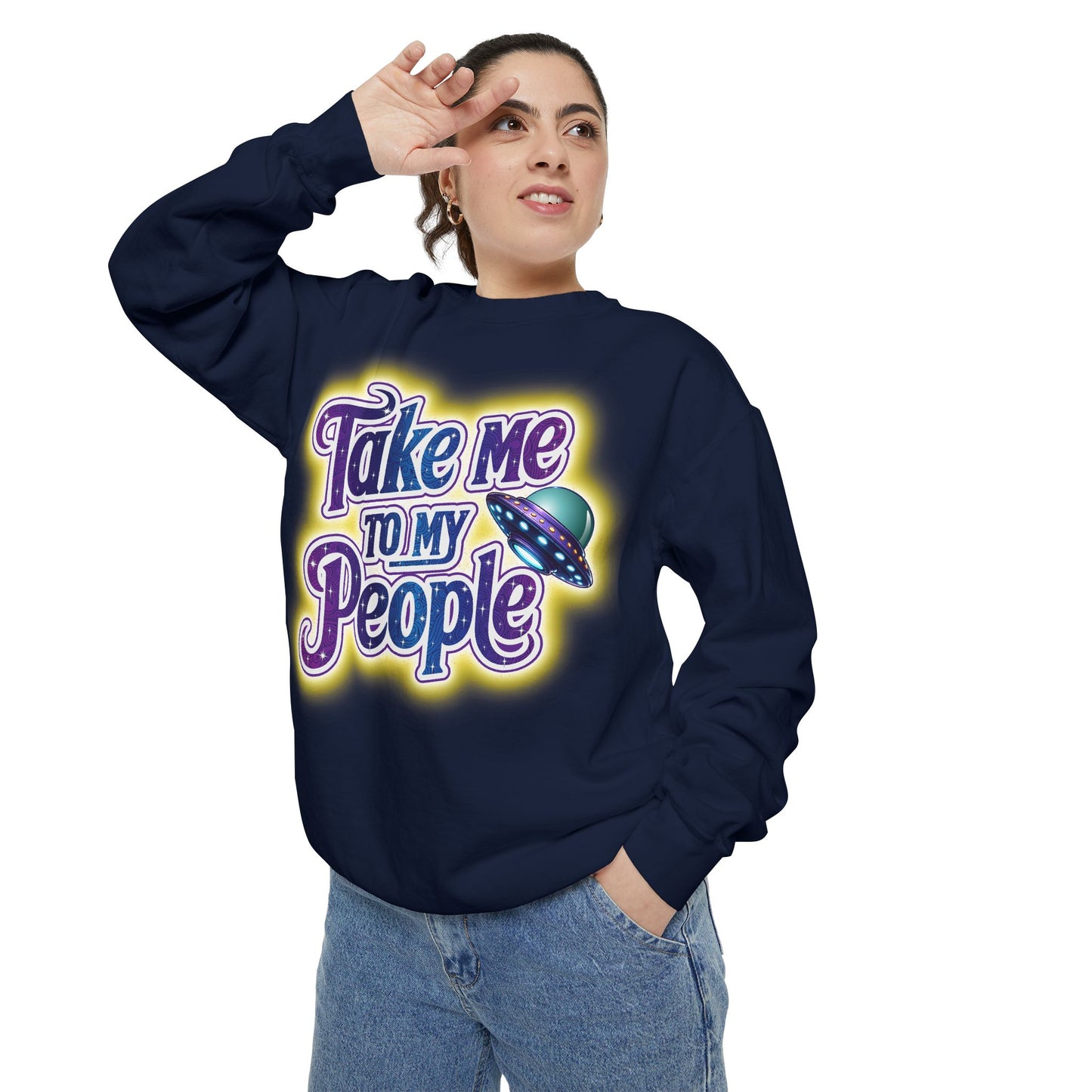 Take Me To My People  – Retro Funny UFO Alien Sweatshirt | Comfort Colors Unisex Pullover