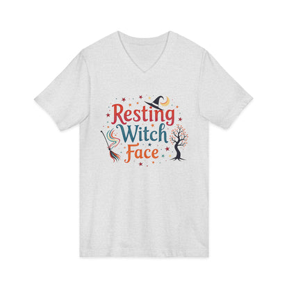 Resting Witch Face V-Neck Tee – Funny Magical Colorful Shirt