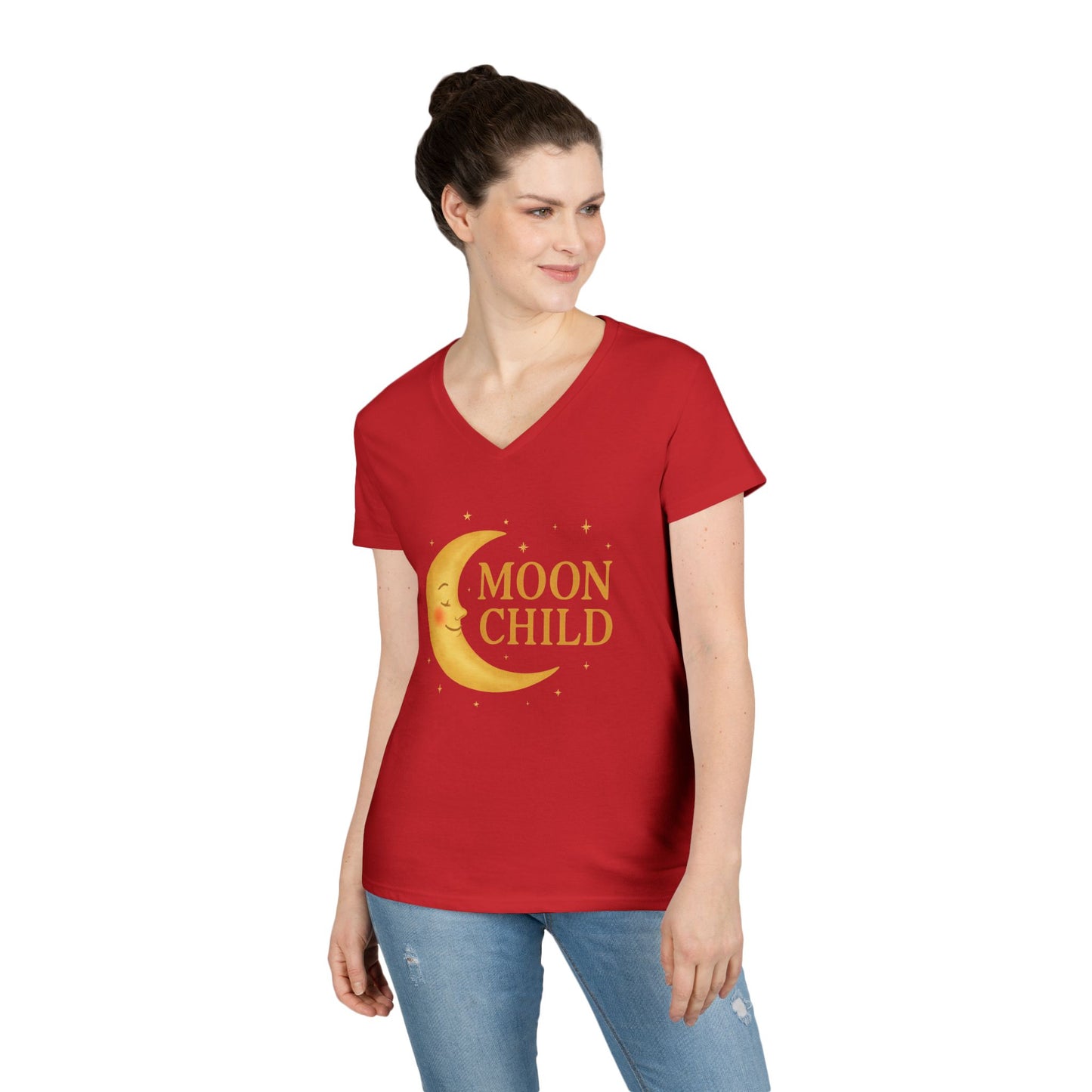 Moon Child Women’s V-Neck Tee – Empowering Celestial Lunar Zodiac Shirt