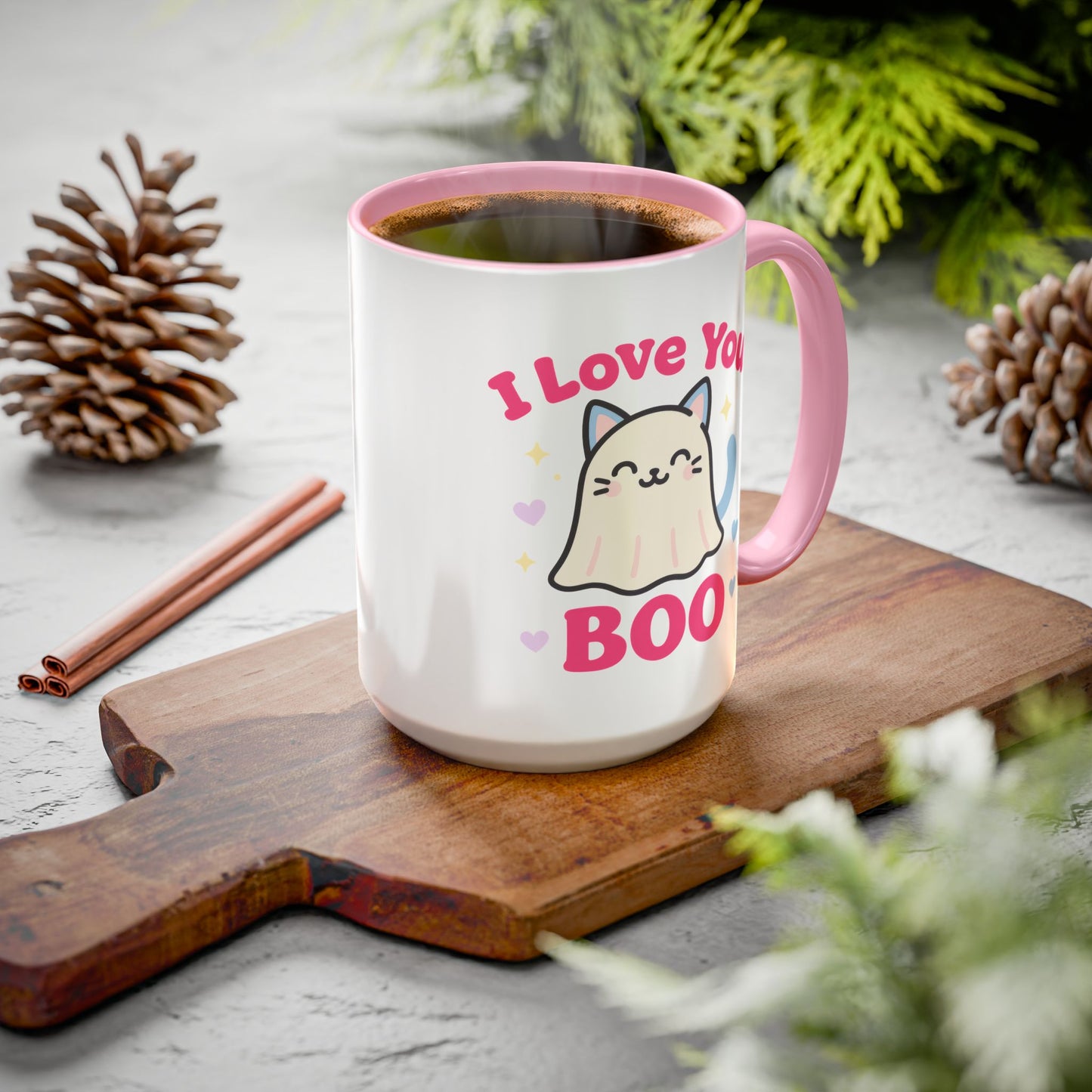 Cute Cat Ghost Mug – Adorable Kitty “I Love You Boo” Mug (Pink Accent (11oz & 15oz)