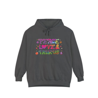 Peace Love & Taurus Unisex Hoodie – Groovy Retro Comfort Colors Midweight Hoodie