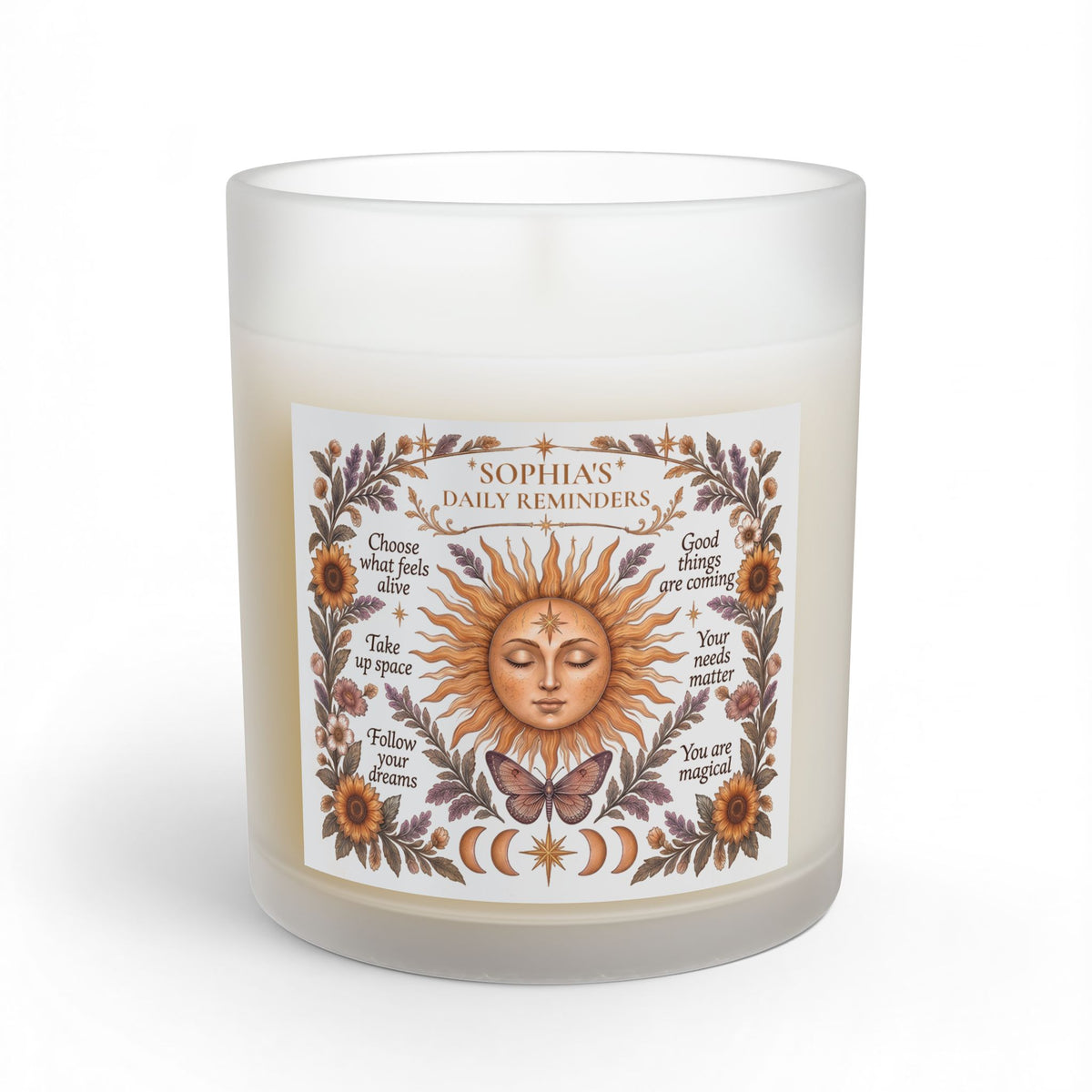 Personalized Boho Celestial Sun Scented and Unscented Candle