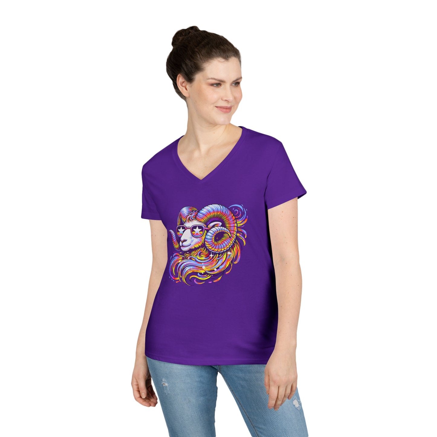 Psychedelic Ram Women’s V-Neck Tee – Empowering Aries Zodiac Shirt