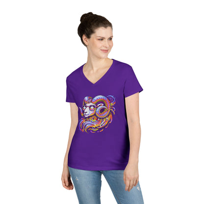 Psychedelic Ram Women’s V-Neck Tee – Empowering Aries Zodiac Shirt