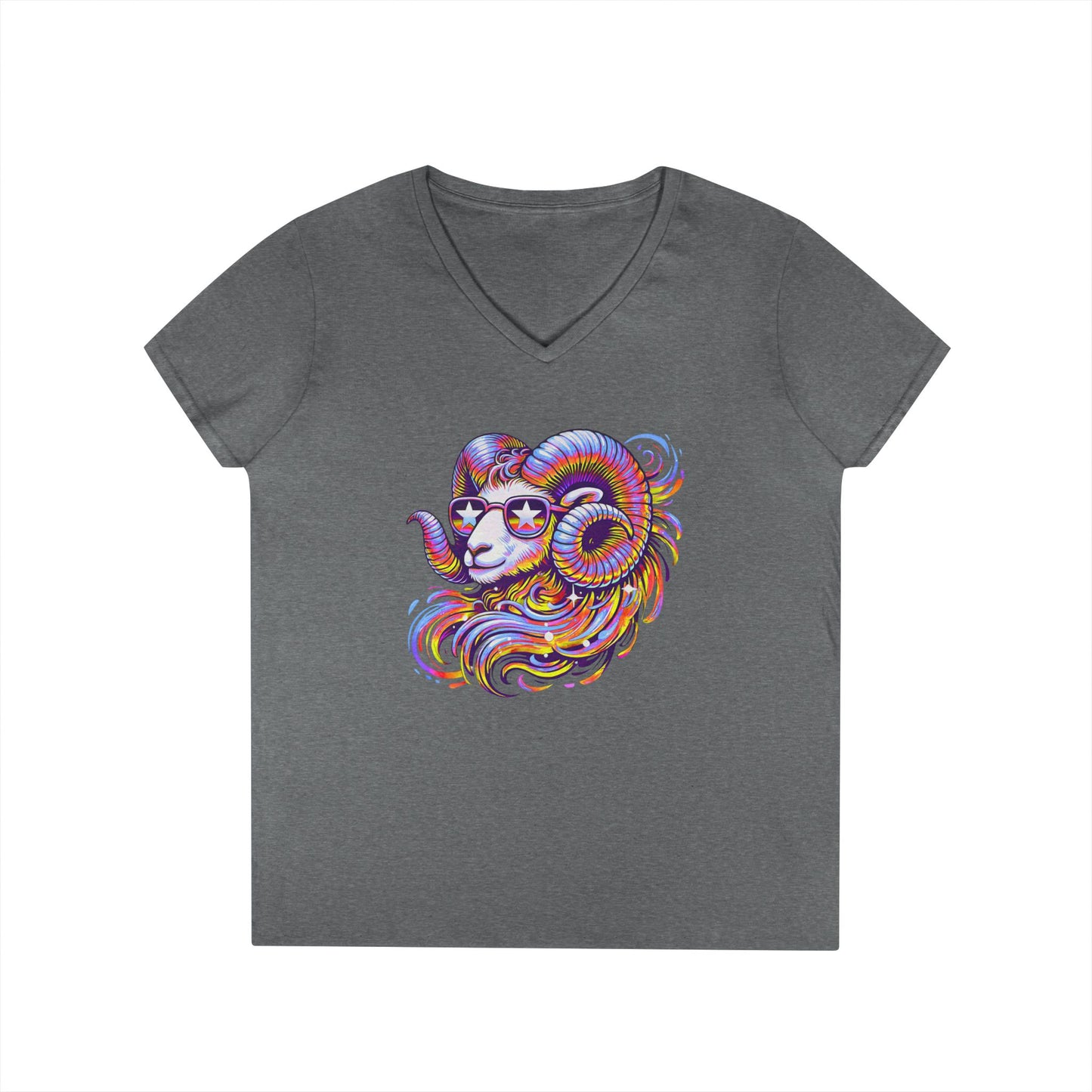 Psychedelic Ram Women’s V-Neck Tee – Empowering Aries Zodiac Shirt