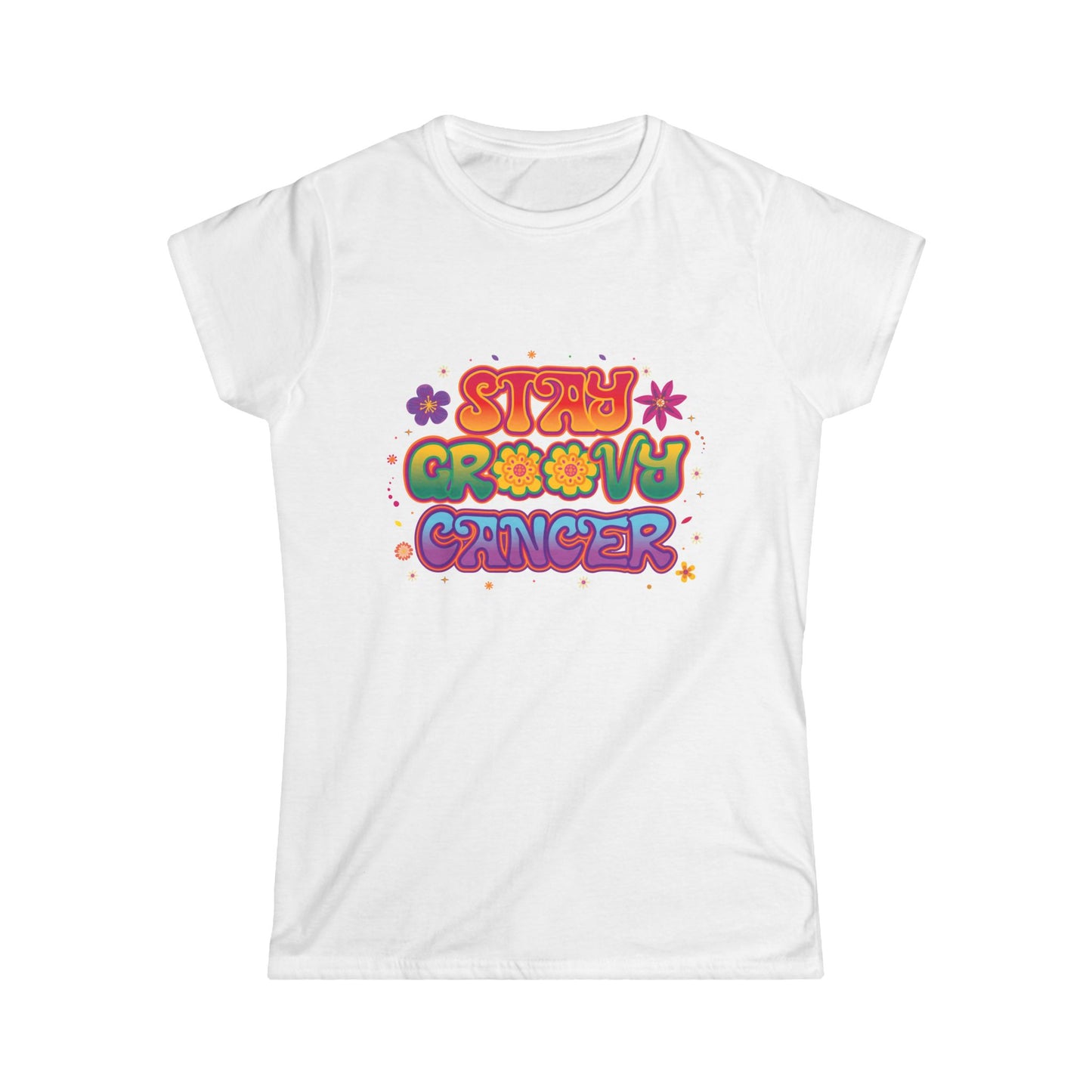 Stay Groovy Cancer Women’s Softstyle Tee – Empowering Retro Zodiac Shirt