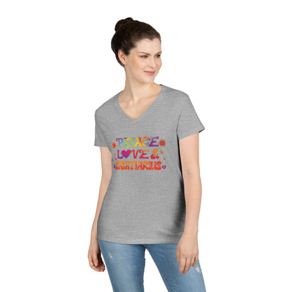 Peace Love Sagittarius Women’s V-Neck Tee – Empowering Retro Zodiac Shirt