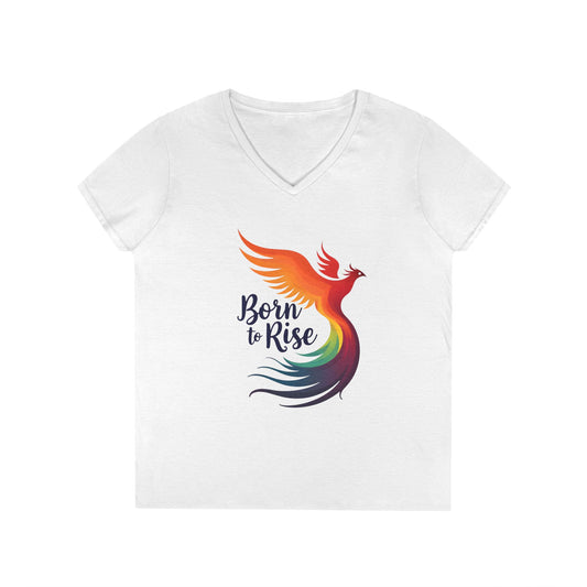 Born to Rise Women’s V-Neck Tee – Empowering Phoenix Colorful Shirt