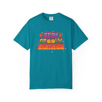 Stay Groovy Sagittarius – Retro Zodiac Flower Power Tee