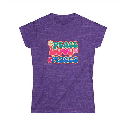 Peace Love & Pisces Softstyle Tee for Women | Boho Zodiac Graphic Shirt | Astrology Apparel for Pisces | Relaxed Star Sign Tee | Everyday Gift for Water Sign Lovers