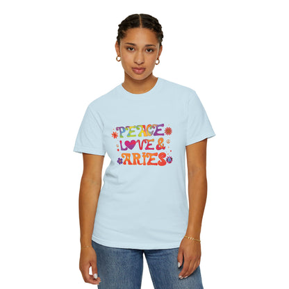 Peace Love & Aries – Colorful Retro Zodiac Tee