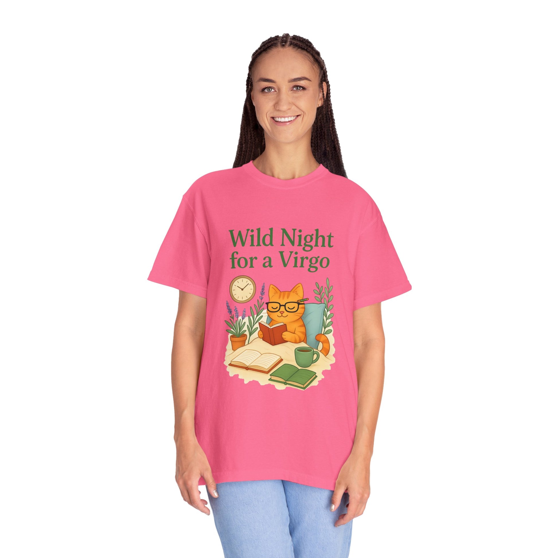 Wild Night for a Virgo – Cozy Cat Tee for Bookish Earth Signs