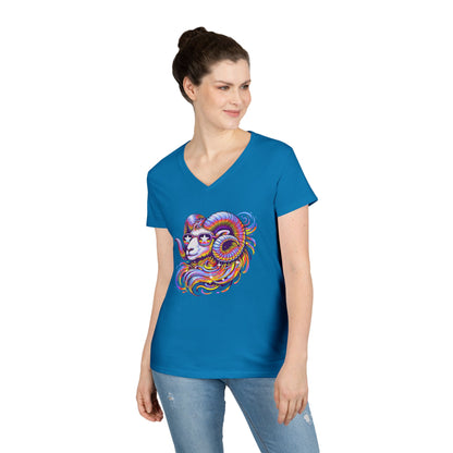 Psychedelic Ram Women’s V-Neck Tee – Empowering Aries Zodiac Shirt