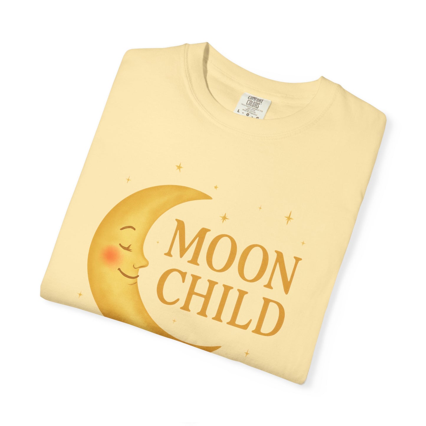 Moon Child Crescent Tee – Vibrant Golden Celestial Comfort Colors 1717 Shirt