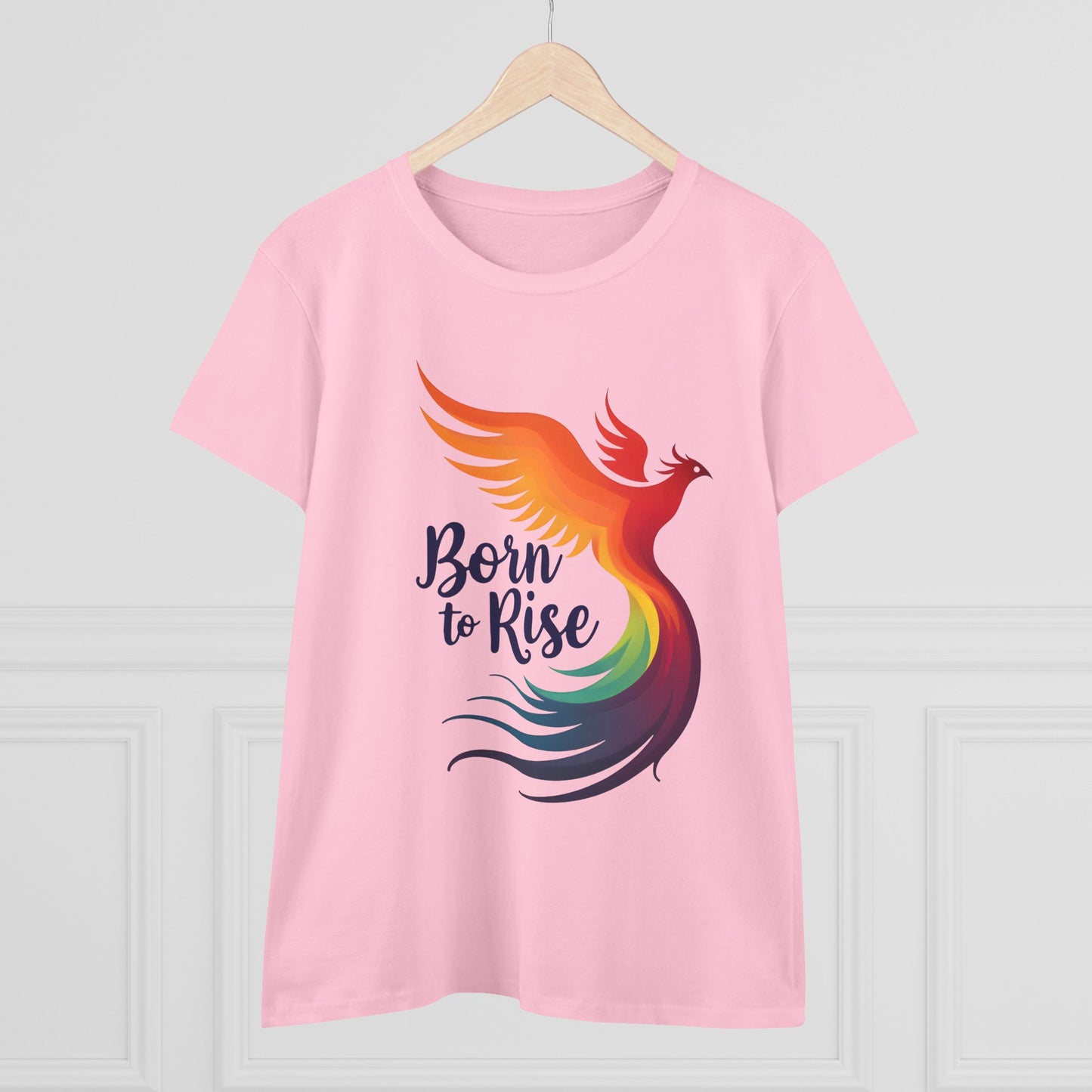Born to Rise Women’s Crewneck Tee – Empowering Phoenix Colorful Shirt