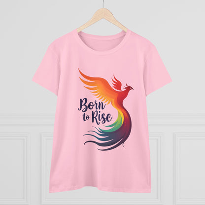 Born to Rise Women’s Crewneck Tee – Empowering Phoenix Colorful Shirt