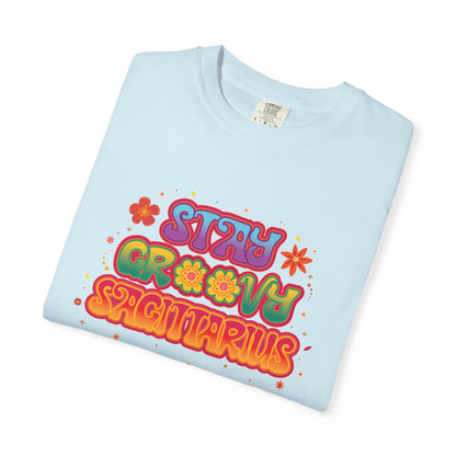 Stay Groovy Sagittarius – Retro Zodiac Flower Power Tee