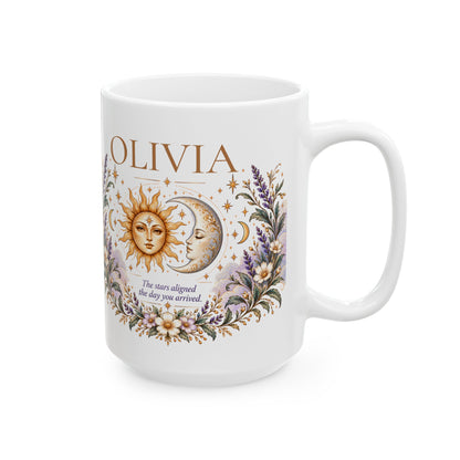 Personalized Zodiac Mug, Custom Name Coffee Mug, Boho Celestial Sun Moon Mug, Astrology Birthday Gift, Floral Boho Mug