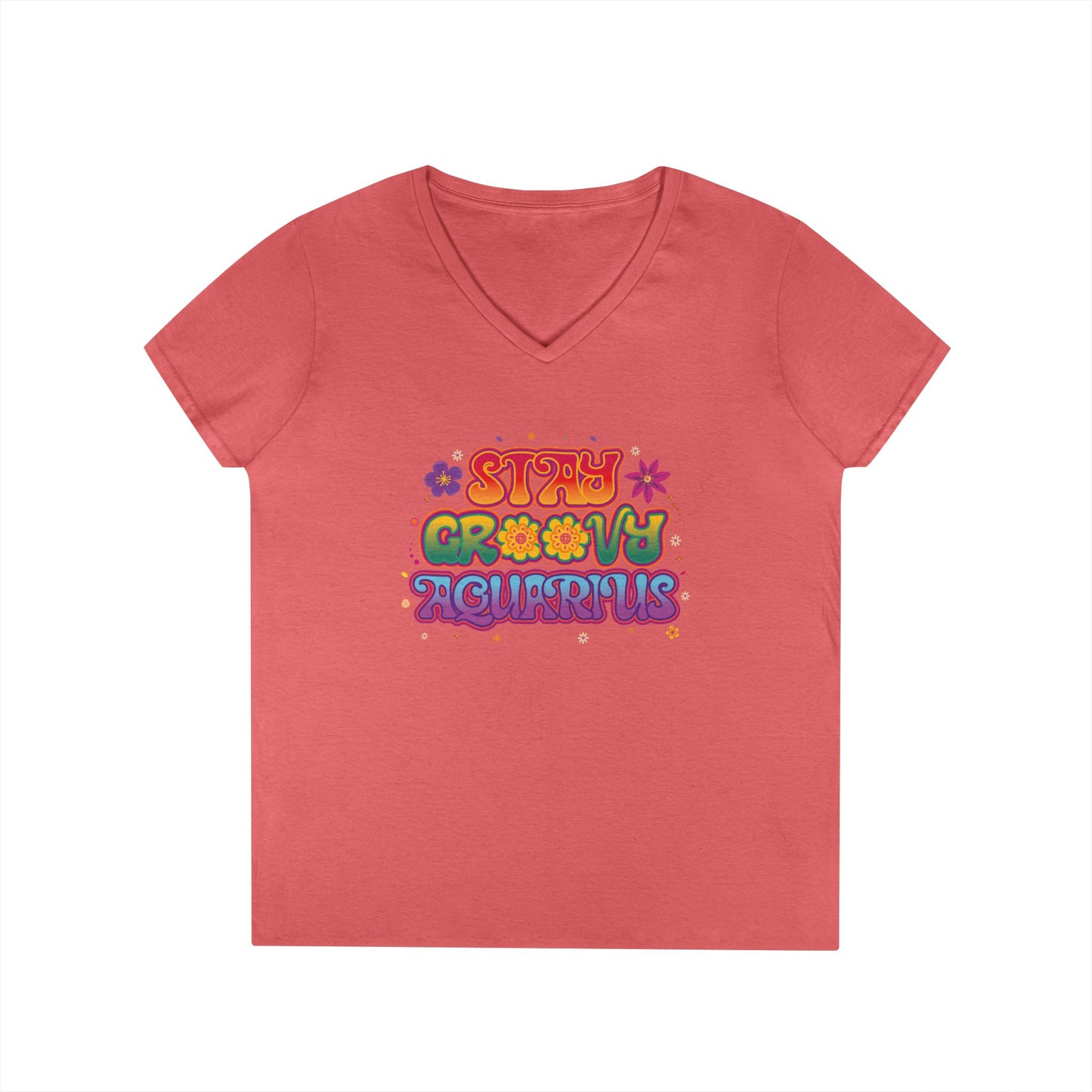 Stay Groovy Aquarius Women’s V-Neck Tee – Empowering Retro Zodiac Shirt