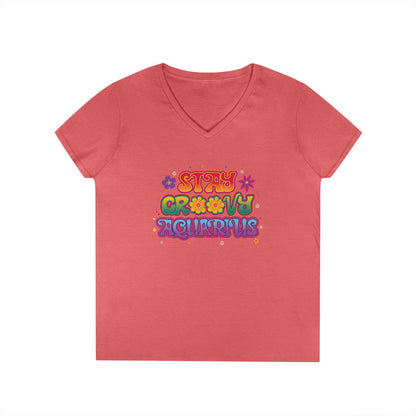 Stay Groovy Aquarius Women’s V-Neck Tee – Empowering Retro Zodiac Shirt