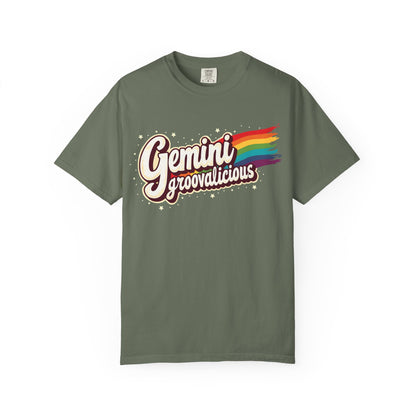 Gemini Groovalicious - Retro Rainbow Script Zodiac Tee