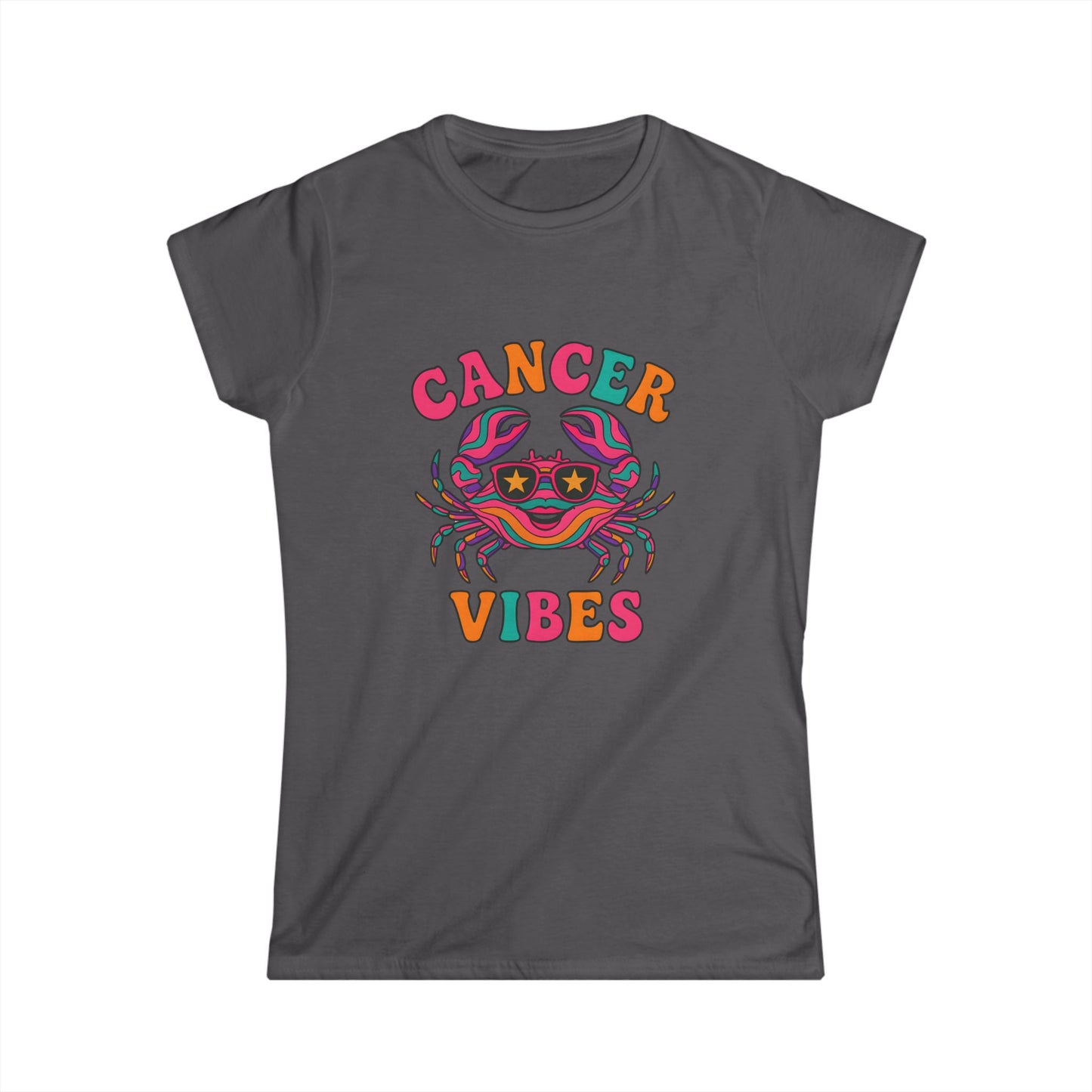 Cancer Vibes Women’s Softstyle Tee – Empowering Retro Zodiac Colorful Shirt
