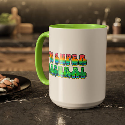 I’m Super Natural – Groovy Earth Goddess Two-Sided Mug (Yellow or Green, 11oz & 15oz)