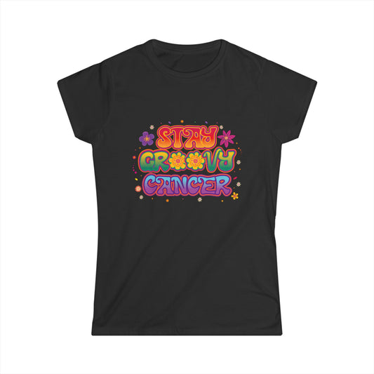 Stay Groovy Cancer Women’s Softstyle Tee – Empowering Retro Zodiac Shirt