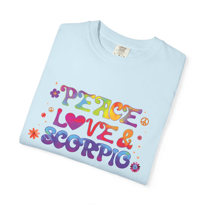 Peace Love & Scorpio Tee – Colorful Retro Zodiac Shirt