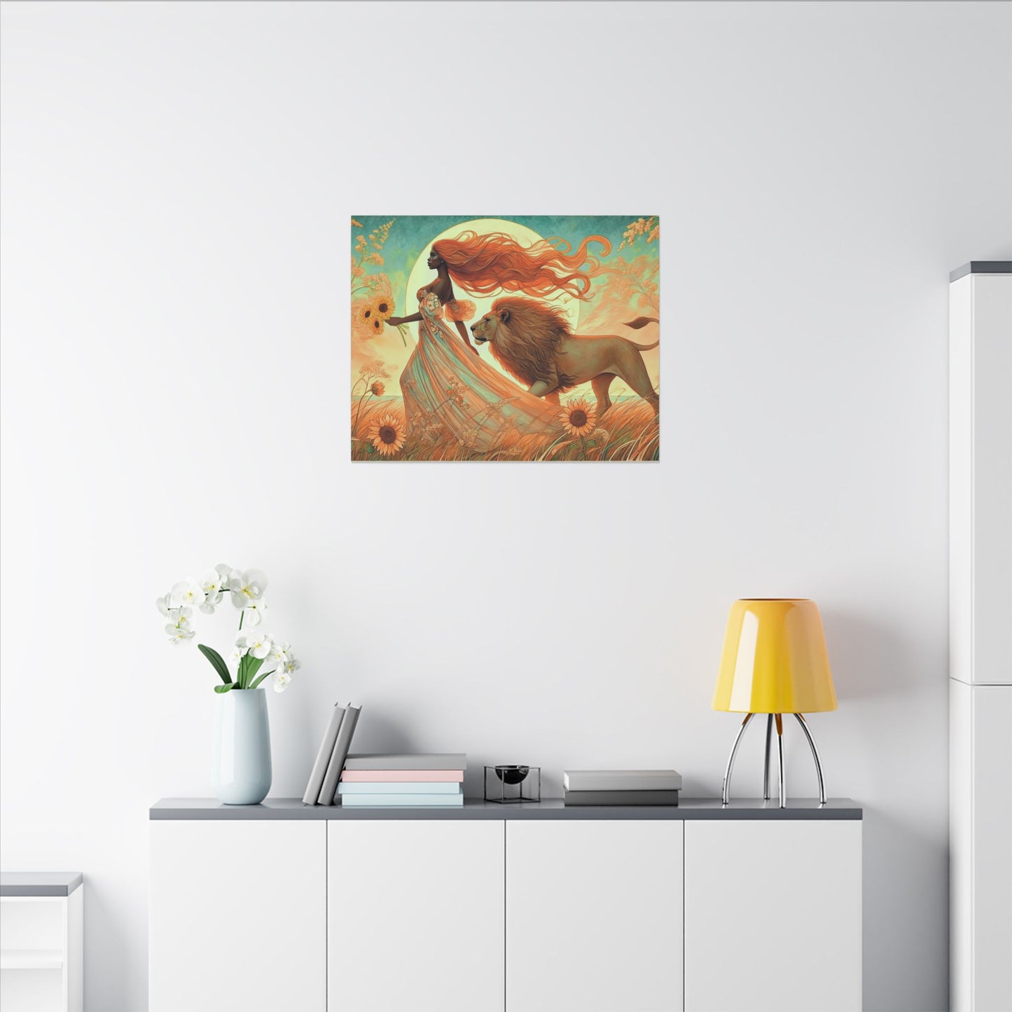 Leo Zodiac Wall Art, Lion Goddess Canvas Print, Astrology Home Decor, Leo Gift for Her, Sunflower Leo Painting, Star Sign Wall Decor
