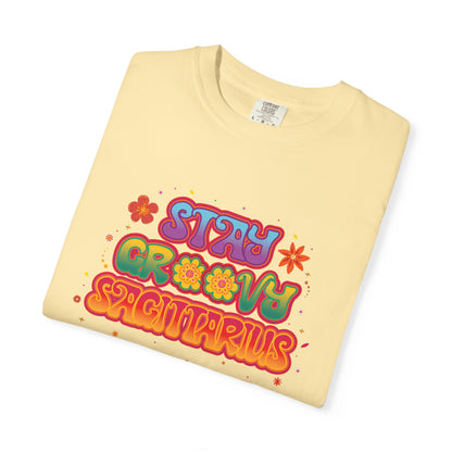 Stay Groovy Sagittarius – Retro Zodiac Flower Power Tee
