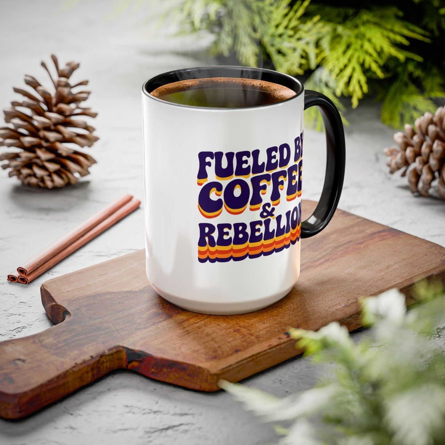 Fueled by Coffee & Rebellion – Funny Retro Mug (Color Accent, 11oz & 15oz)
