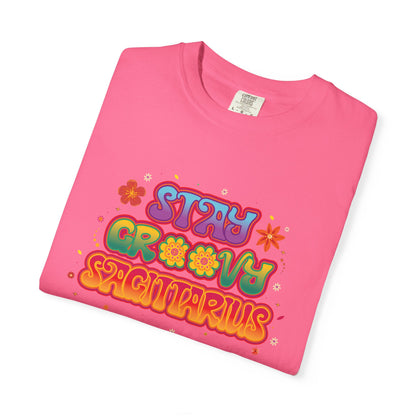 Stay Groovy Sagittarius – Retro Zodiac Flower Power Tee