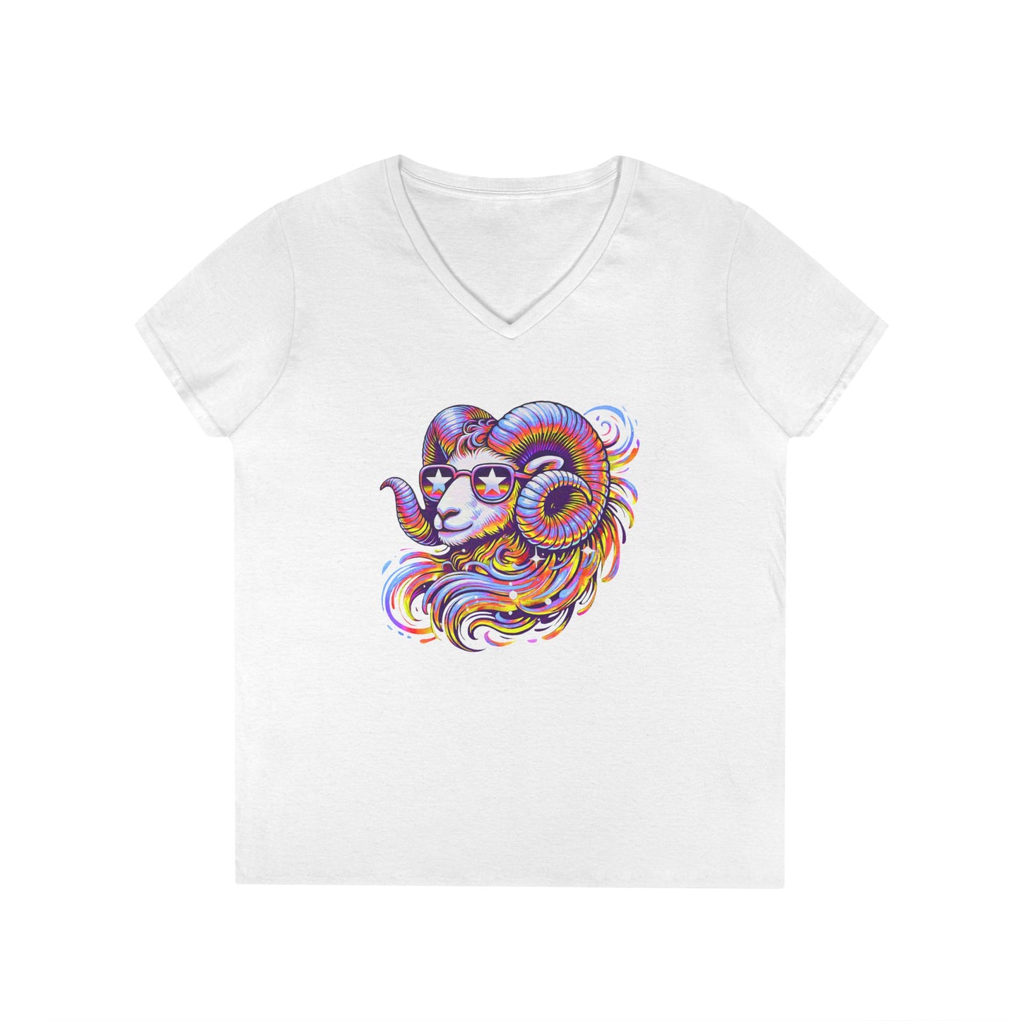 Psychedelic Ram Women’s V-Neck Tee – Empowering Aries Zodiac Shirt