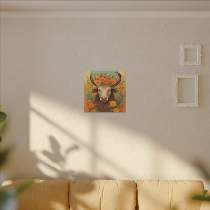 Bull with Bird – Floral Serenity Wall Art (Taurus Inspired), Square
