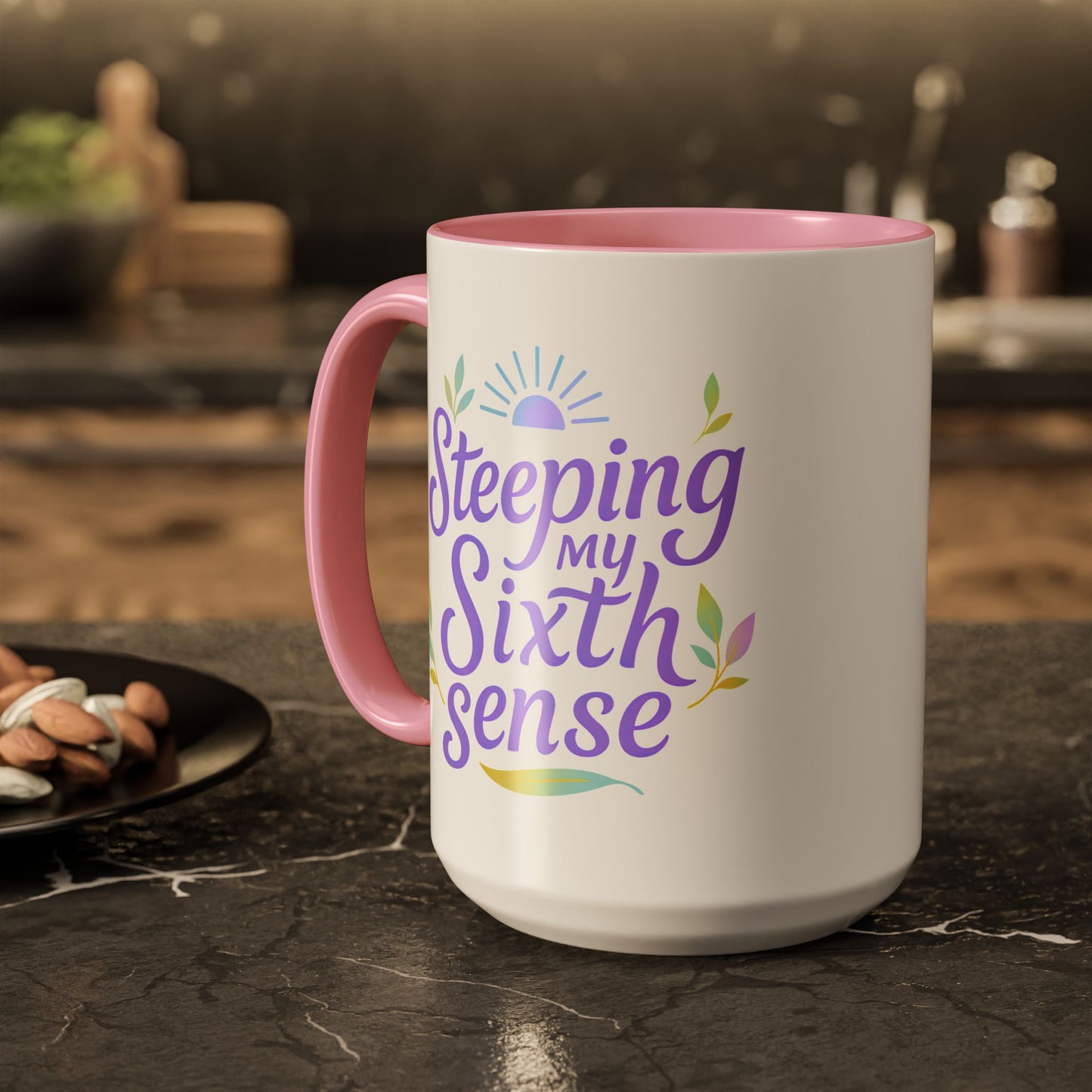 Steeping My Sixth Sense – Fun and Herby Tea Lover Mug (Pink Accent, 11oz & 15oz)