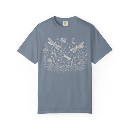 Boho Floral Night Sky Dragonfly Meadow T-Shirt