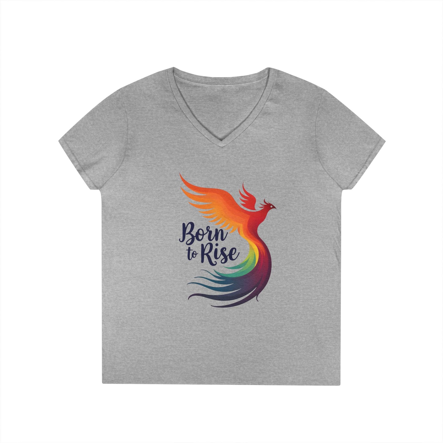 Born to Rise Women’s V-Neck Tee – Empowering Phoenix Colorful Shirt