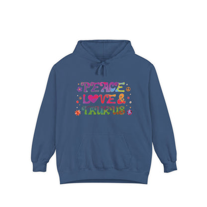 Peace Love & Taurus Unisex Hoodie – Groovy Retro Comfort Colors Midweight Hoodie