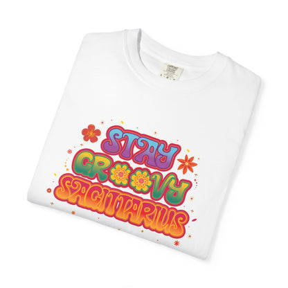 Stay Groovy Sagittarius – Retro Zodiac Flower Power Tee