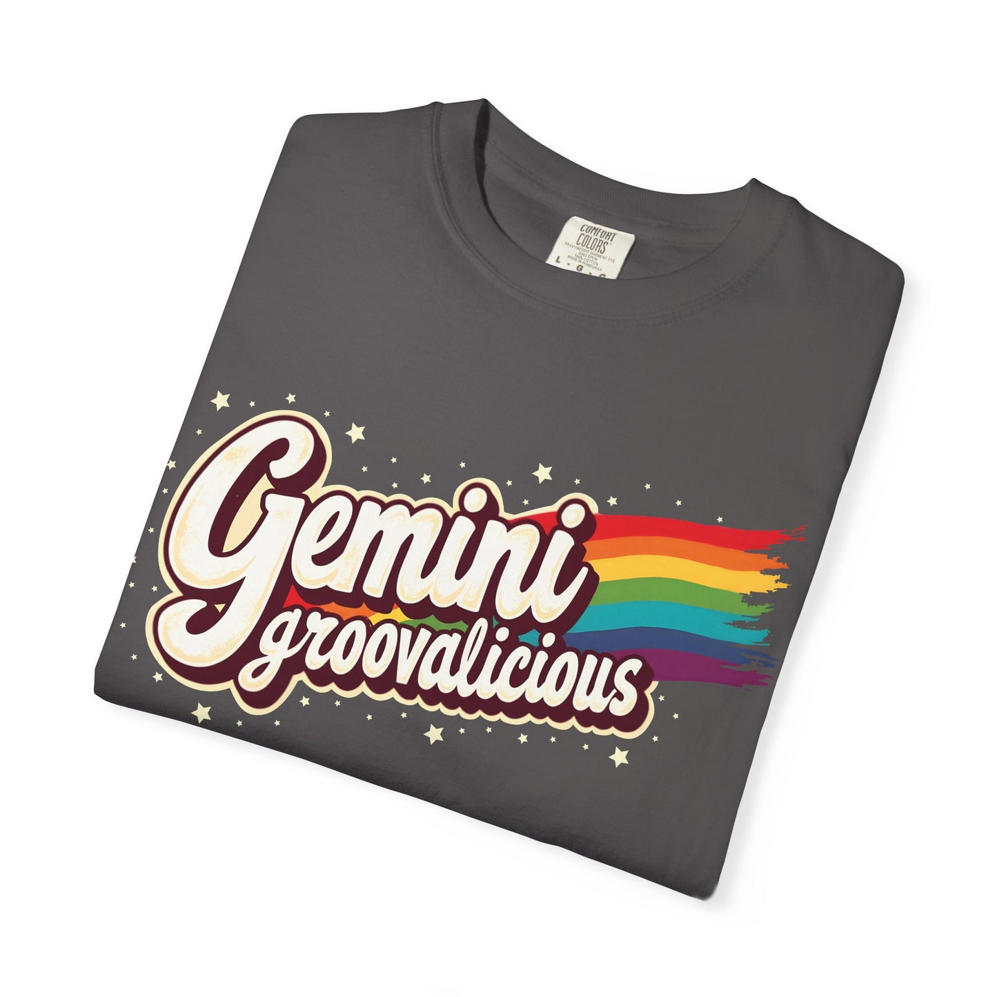 Gemini Groovalicious - Retro Rainbow Script Zodiac Tee