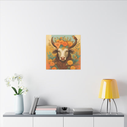 Bull with Bird – Floral Serenity Wall Art (Taurus Inspired), Square