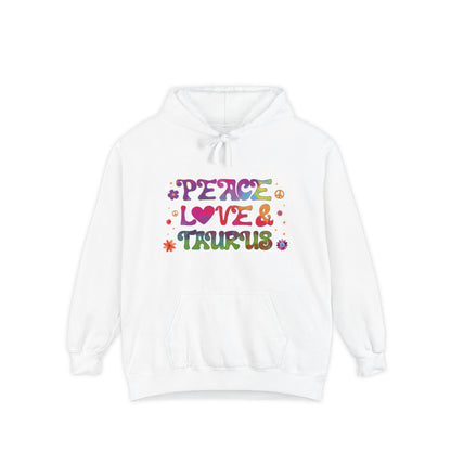 Peace Love & Taurus Unisex Hoodie – Groovy Retro Comfort Colors Midweight Hoodie