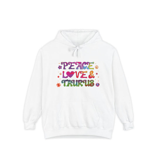 Peace Love & Taurus Unisex Hoodie – Groovy Retro Comfort Colors Midweight Hoodie
