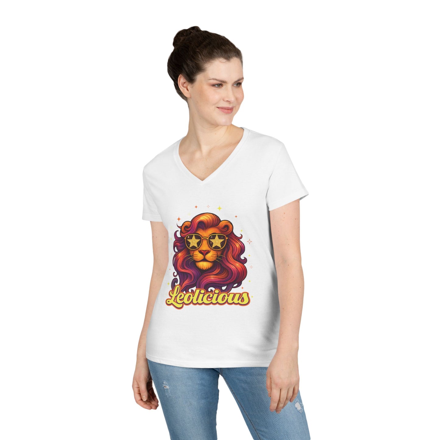 Leolicious Women’s V-Neck Tee – Empowering Retro Lion Zodiac Shirt