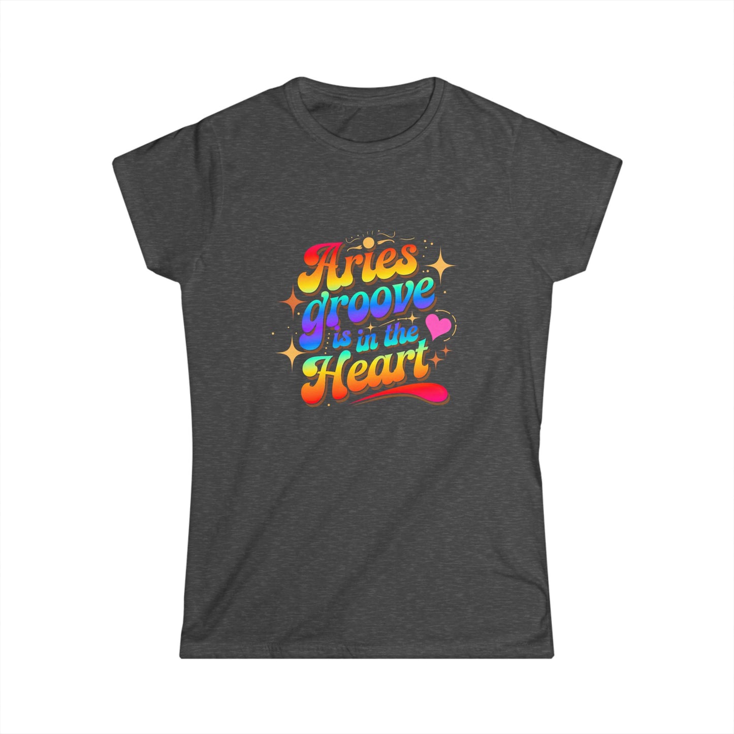 Aries Groove Is in the Heart T-Shirt | Rainbow Aries Vibes Tee | Zodiac Astrology Shirt for Her | Cosmic Birthday Gift | Women's Softstyle Star Sign Tee