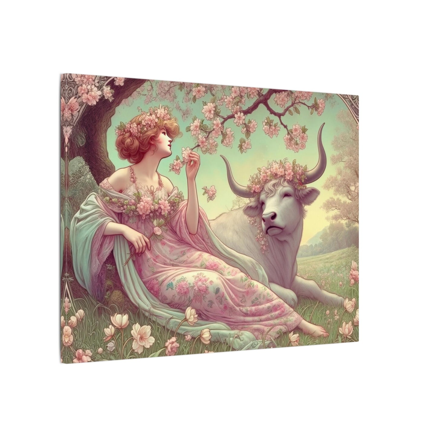 Secret Meadow: Bull and Bloom | Taurus Goddess Art Nouveau Zodiac Wall Art